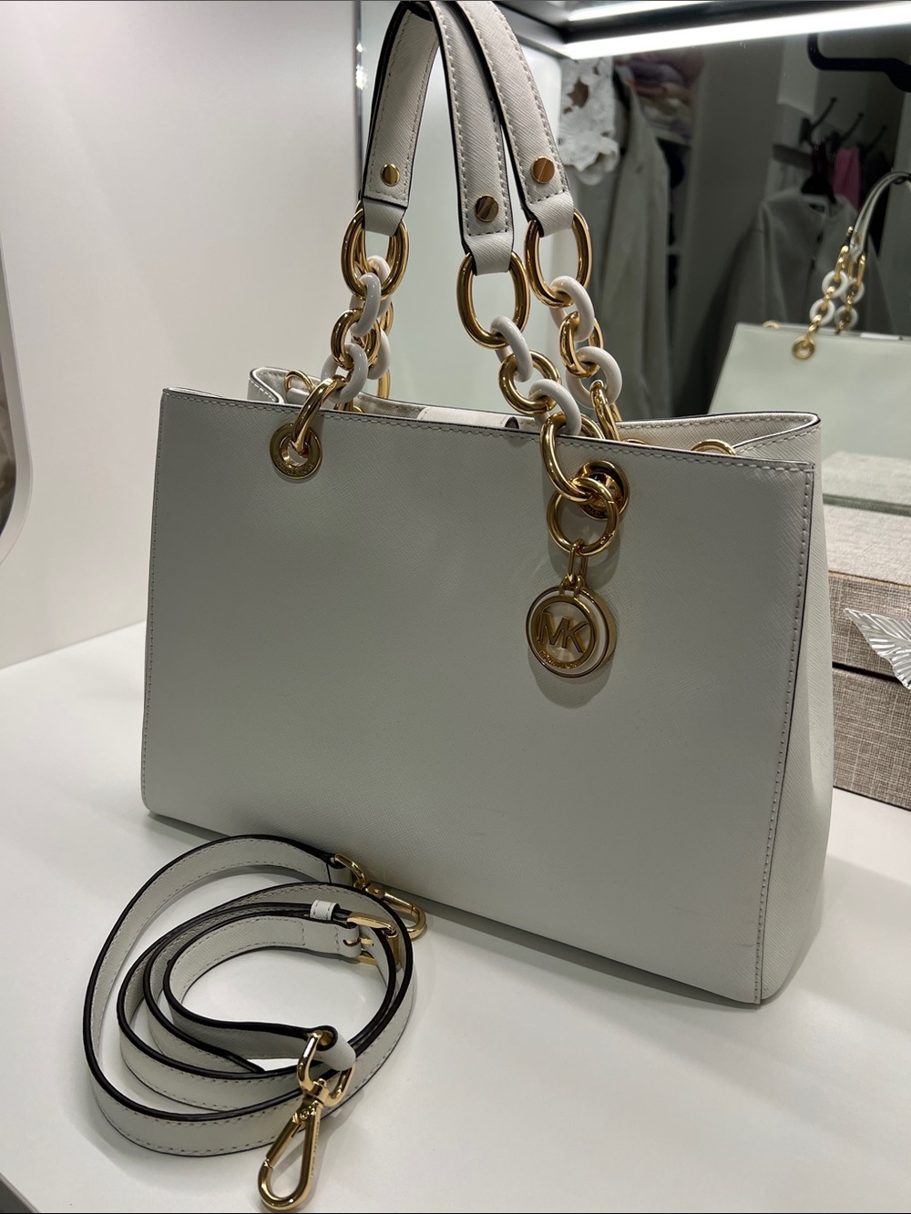 Michael Kors White Saffiano Leather Shoulder Tote with Gold Chain Hardware